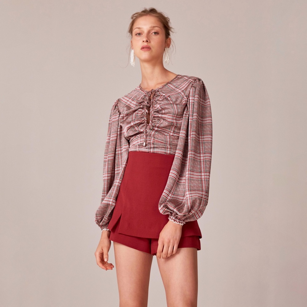 C/MEO Collective Red and Pink Plaid Blouse